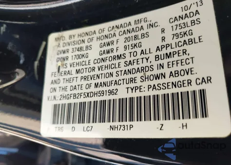 2013 Honda Civic Lx from USA, damaged, VIN 2HGFB2F5XDH591962